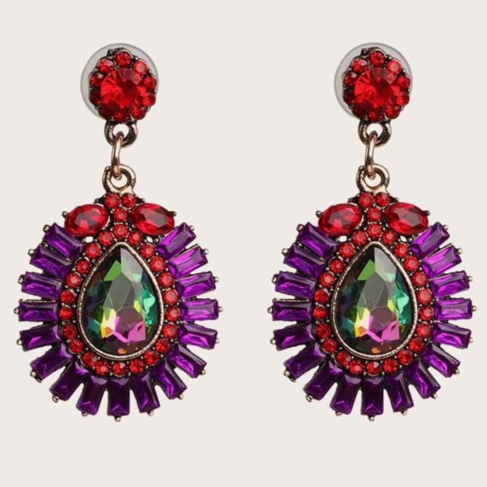 New Red & Purple Rhinestone Statement Earrings - Picture 2 of 3